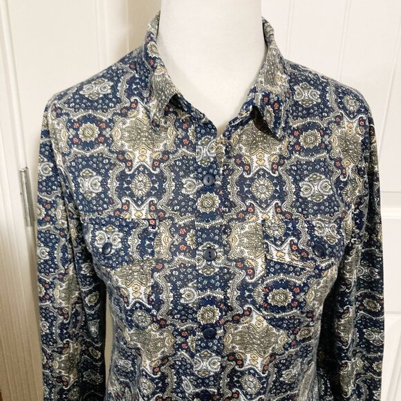 SUZY SHIER Navy blue geometric floral print button-down shirt ~ SMALL MEDIUM top - Picture 3 of 12